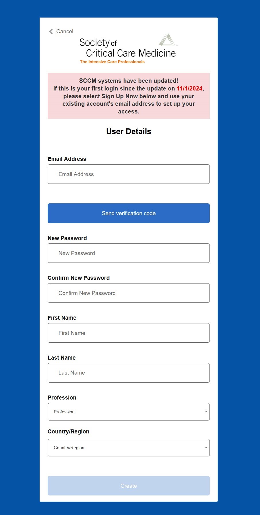 SCCM Sign Up Page